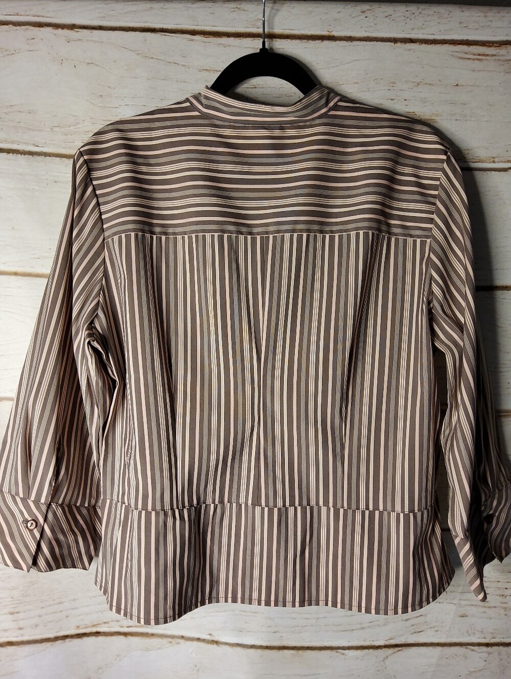 Cato Striped Button-Front Mandarin Collar Blouse in Taupe, Blush Pink, and Cream - Picture 2 of 10
